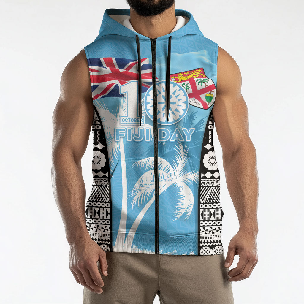 Personalised Fiji Day 2026 Sleeveless Zip Hoodie Masi Tapa Pattern With Palm Tree