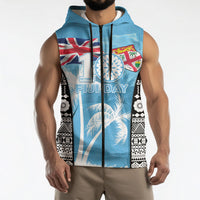 Personalised Fiji Day 2026 Sleeveless Zip Hoodie Masi Tapa Pattern With Palm Tree