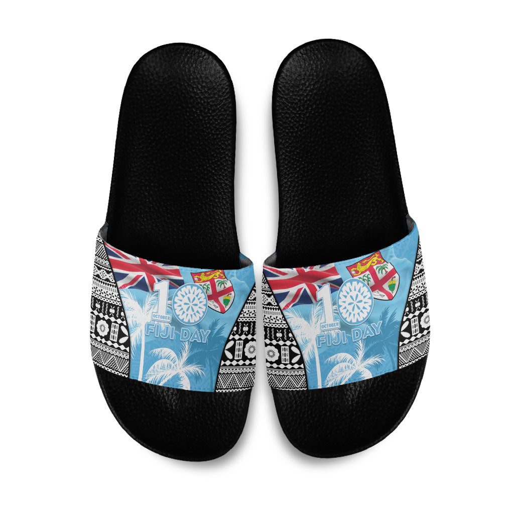 Fiji Day 2026 Slide Sandals Masi Tapa Pattern With Palm Tree