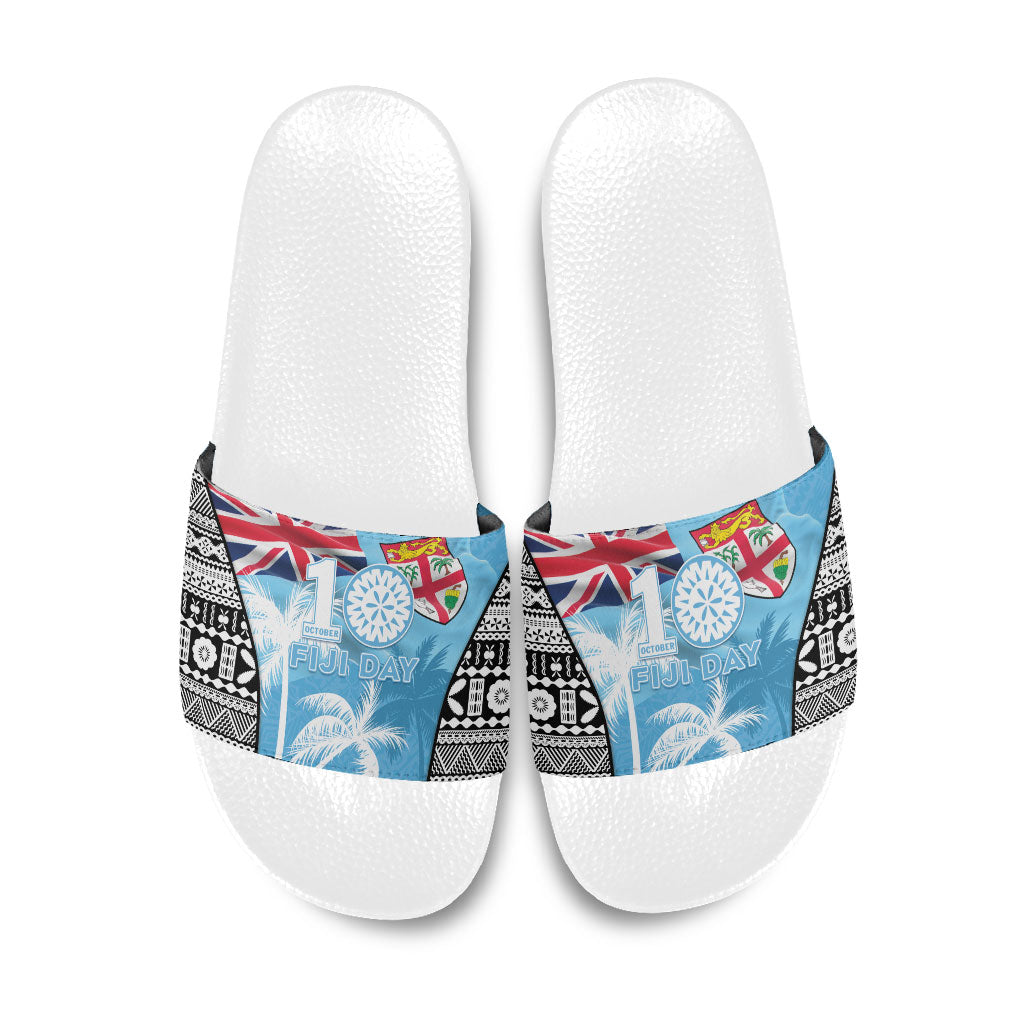Fiji Day 2026 Slide Sandals Masi Tapa Pattern With Palm Tree