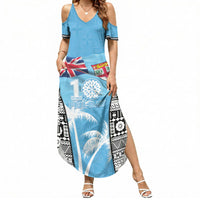 Personalised Fiji Day 2026 Summer Maxi Dress Masi Tapa Pattern With Palm Tree