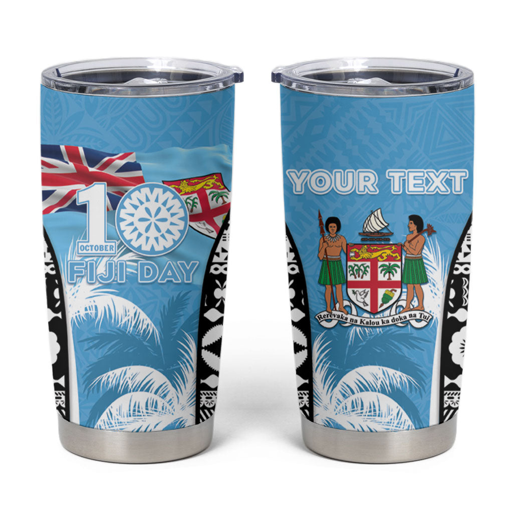 Personalised Fiji Day 2026 Tumbler Cup Masi Tapa Pattern With Palm Tree