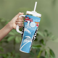 Personalised Fiji Day 2026 Tumbler With Handle Masi Tapa Pattern With Palm Tree