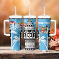 Personalised Fiji Day 2026 Tumbler With Handle Masi Tapa Pattern With Palm Tree