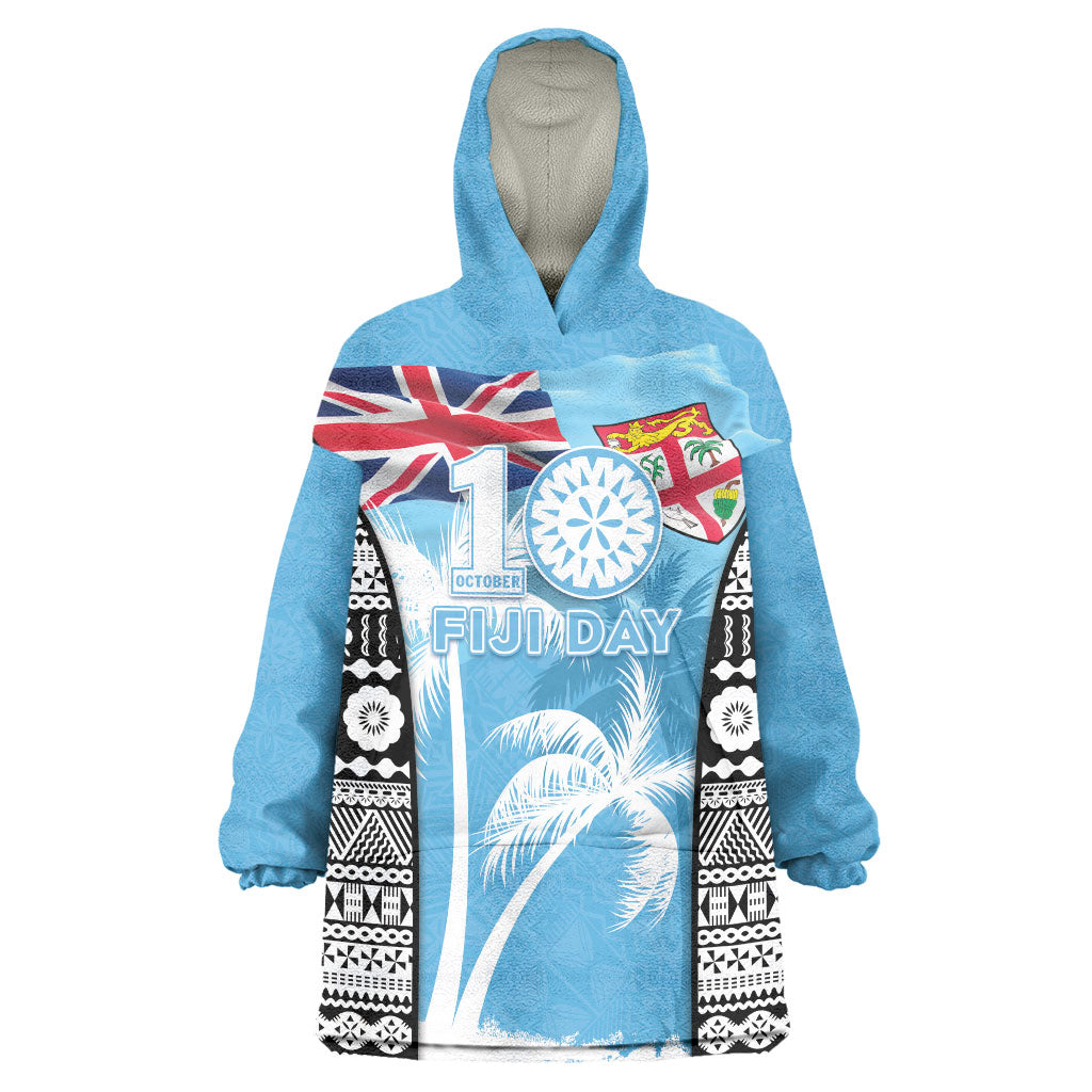 Personalised Fiji Day 2026 Wearable Blanket Hoodie Masi Tapa Pattern With Palm Tree