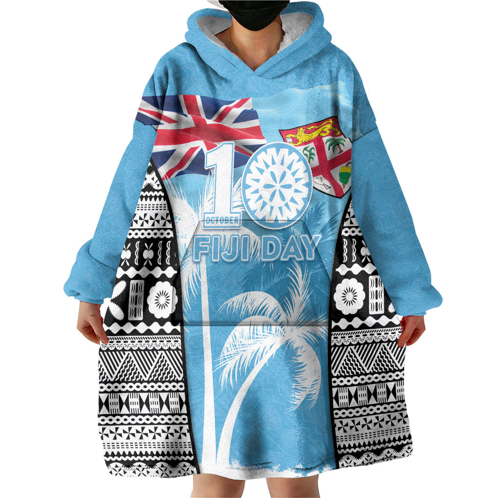 Personalised Fiji Day 2026 Wearable Blanket Hoodie Masi Tapa Pattern With Palm Tree