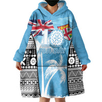 Personalised Fiji Day 2026 Wearable Blanket Hoodie Masi Tapa Pattern With Palm Tree