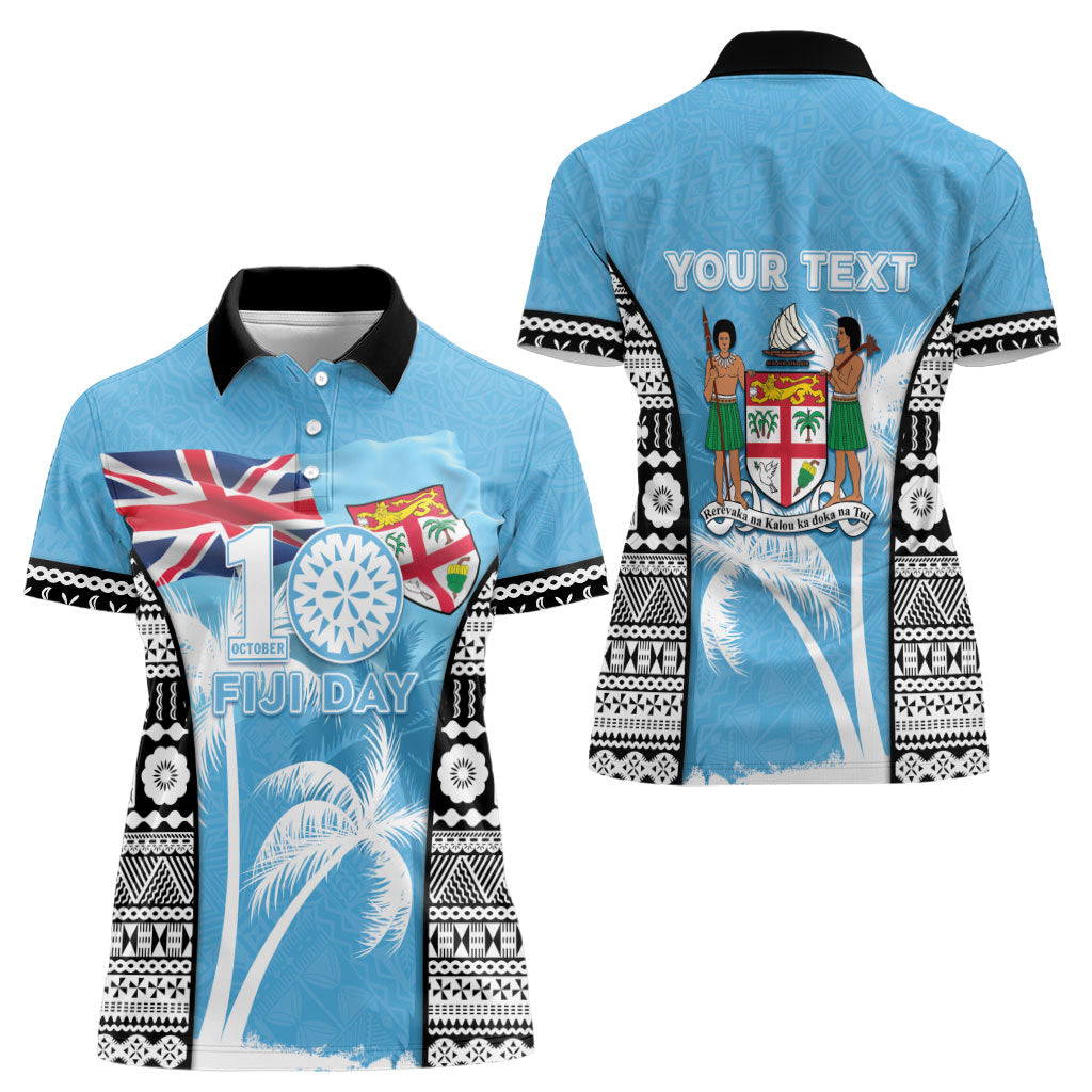 Personalised Fiji Day 2026 Women Polo Shirt Masi Tapa Pattern With Palm Tree