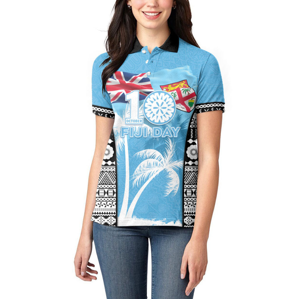 Personalised Fiji Day 2026 Women Polo Shirt Masi Tapa Pattern With Palm Tree