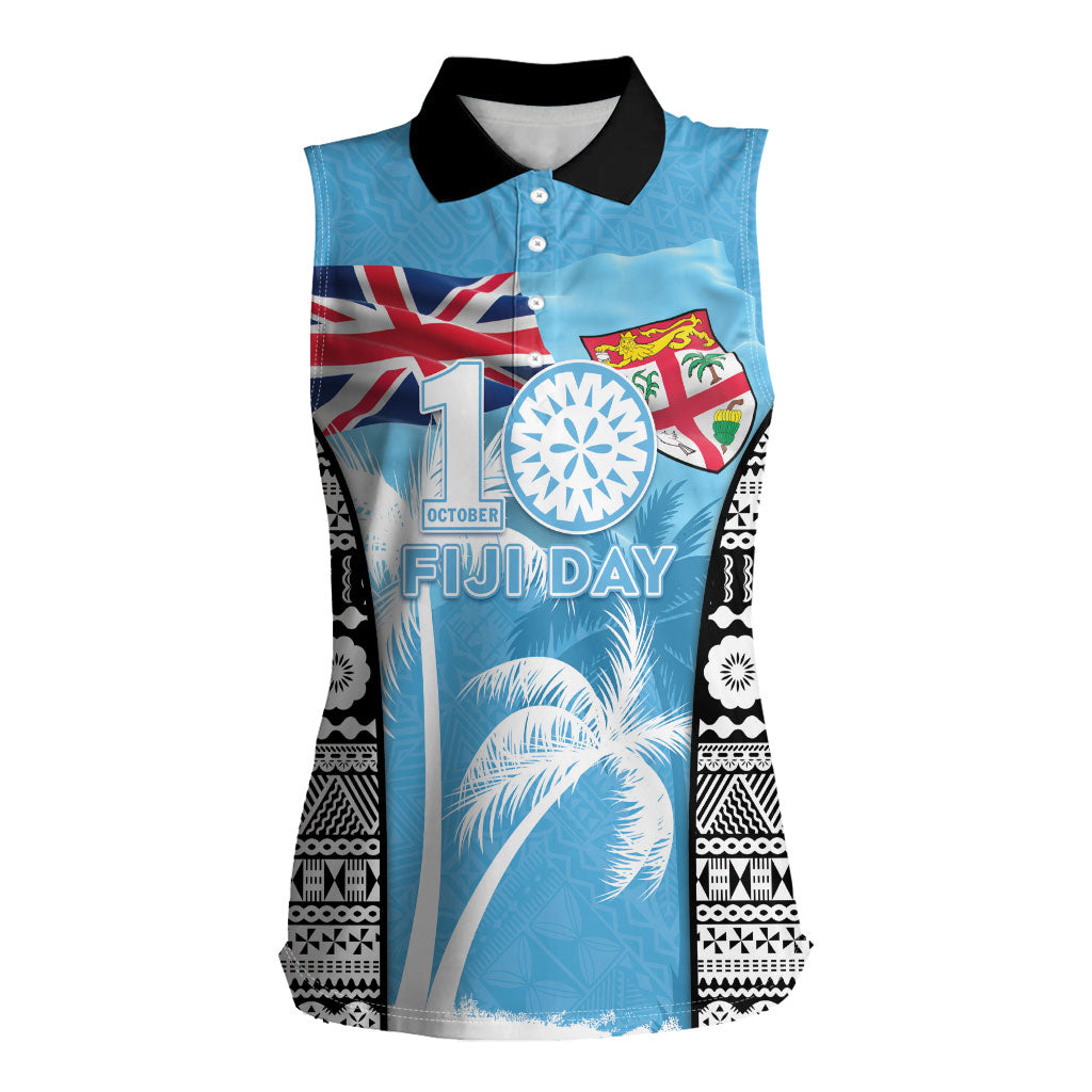 Personalised Fiji Day 2026 Women Sleeveless Polo Shirt Masi Tapa Pattern With Palm Tree