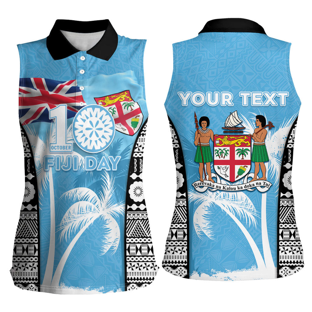 Personalised Fiji Day 2026 Women Sleeveless Polo Shirt Masi Tapa Pattern With Palm Tree