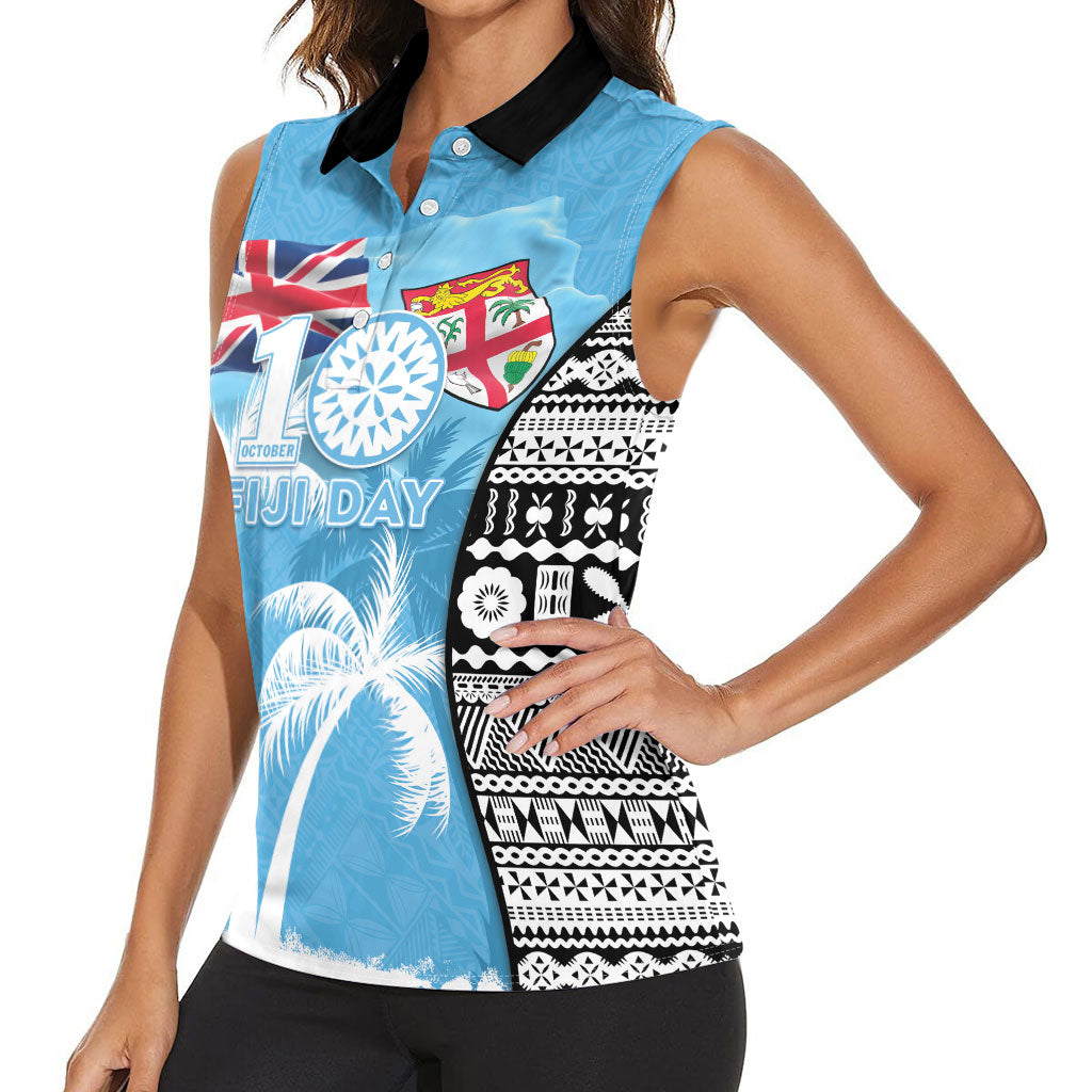 Personalised Fiji Day 2026 Women Sleeveless Polo Shirt Masi Tapa Pattern With Palm Tree