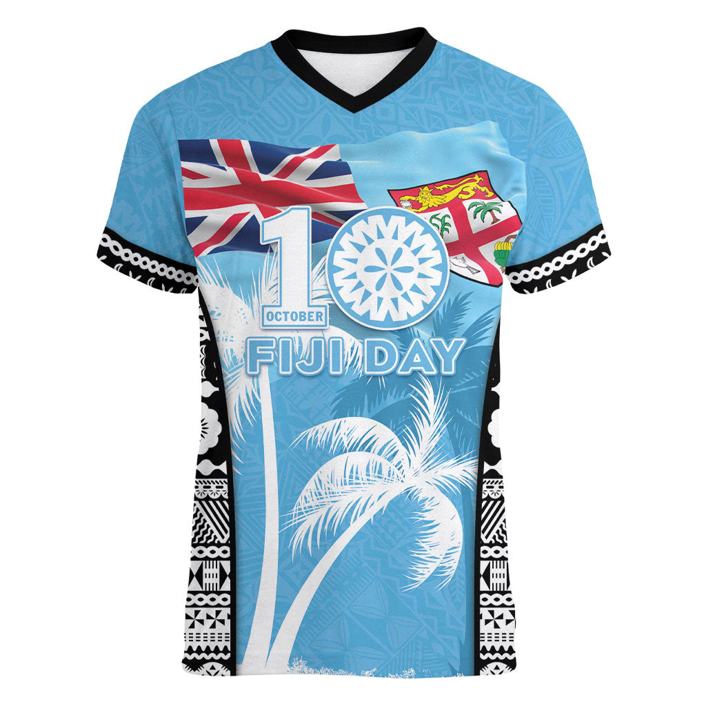 Personalised Fiji Day 2026 Women V-Neck T-Shirt Masi Tapa Pattern With Palm Tree