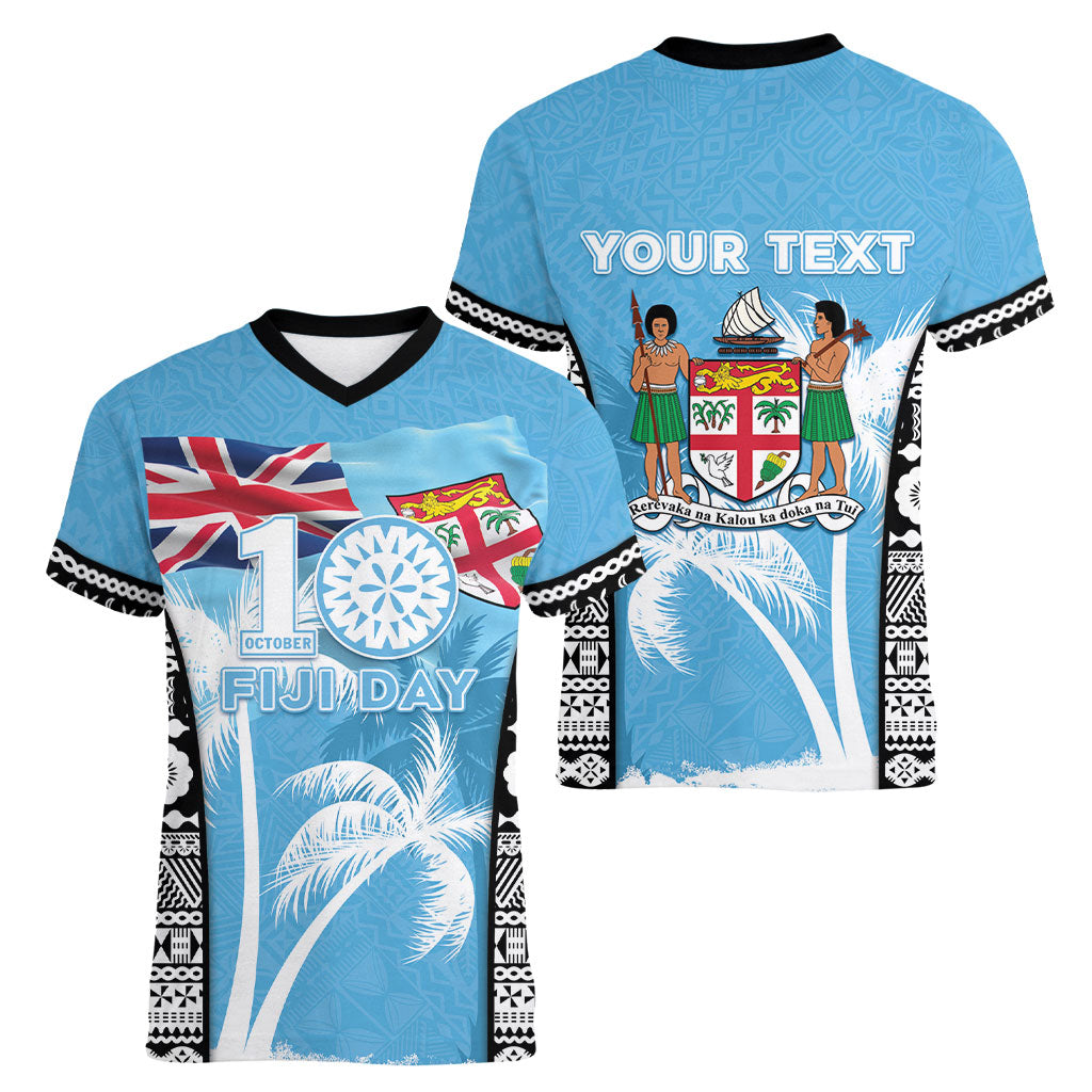 Personalised Fiji Day 2026 Women V-Neck T-Shirt Masi Tapa Pattern With Palm Tree