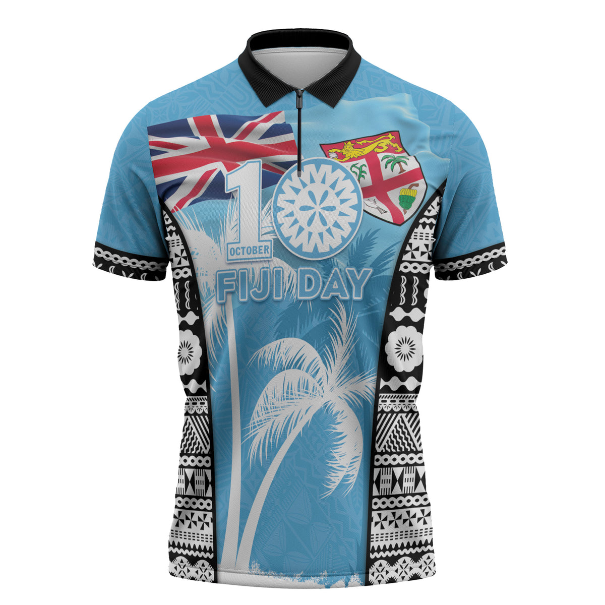 Personalised Fiji Day 2026 Zipper Polo Shirt Masi Tapa Pattern With Palm Tree