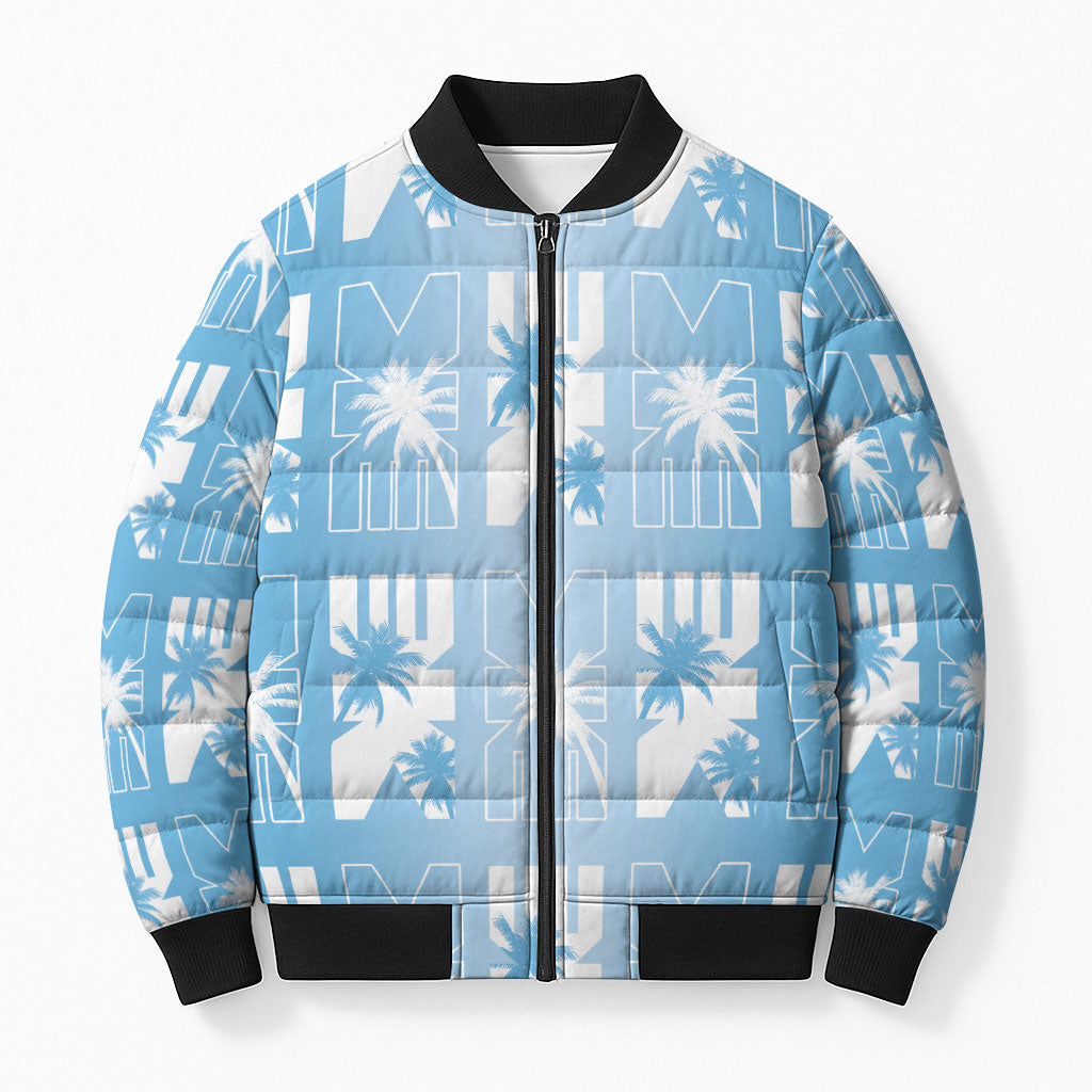 Bula Fiji Bomber Puffer Jacket Blue Makare Masi Tapa Pattern