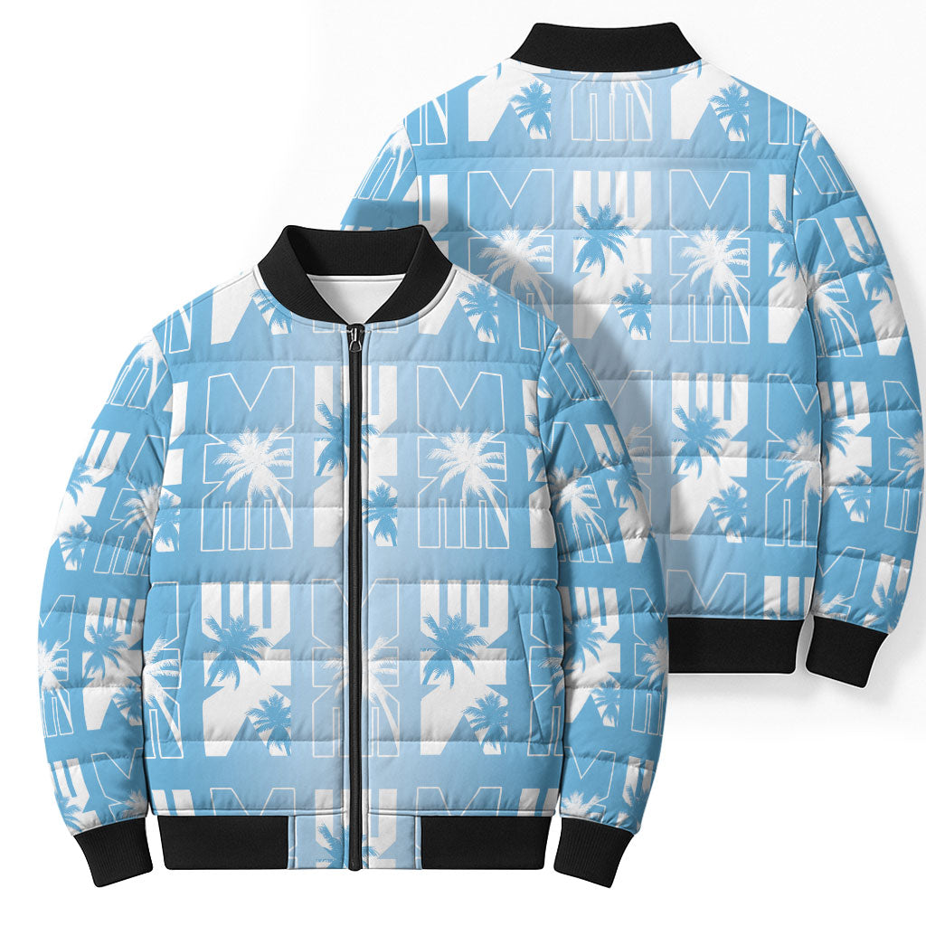 Bula Fiji Bomber Puffer Jacket Blue Makare Masi Tapa Pattern