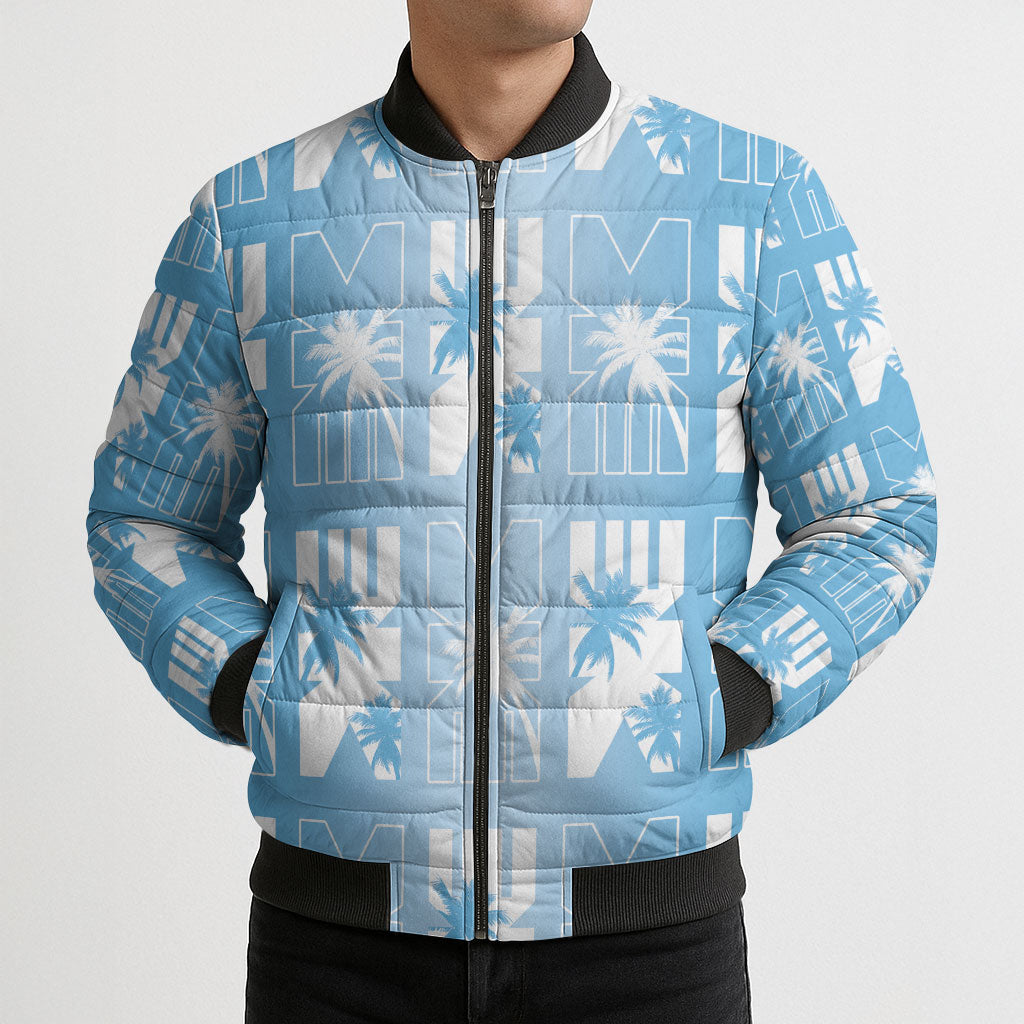 Bula Fiji Bomber Puffer Jacket Blue Makare Masi Tapa Pattern