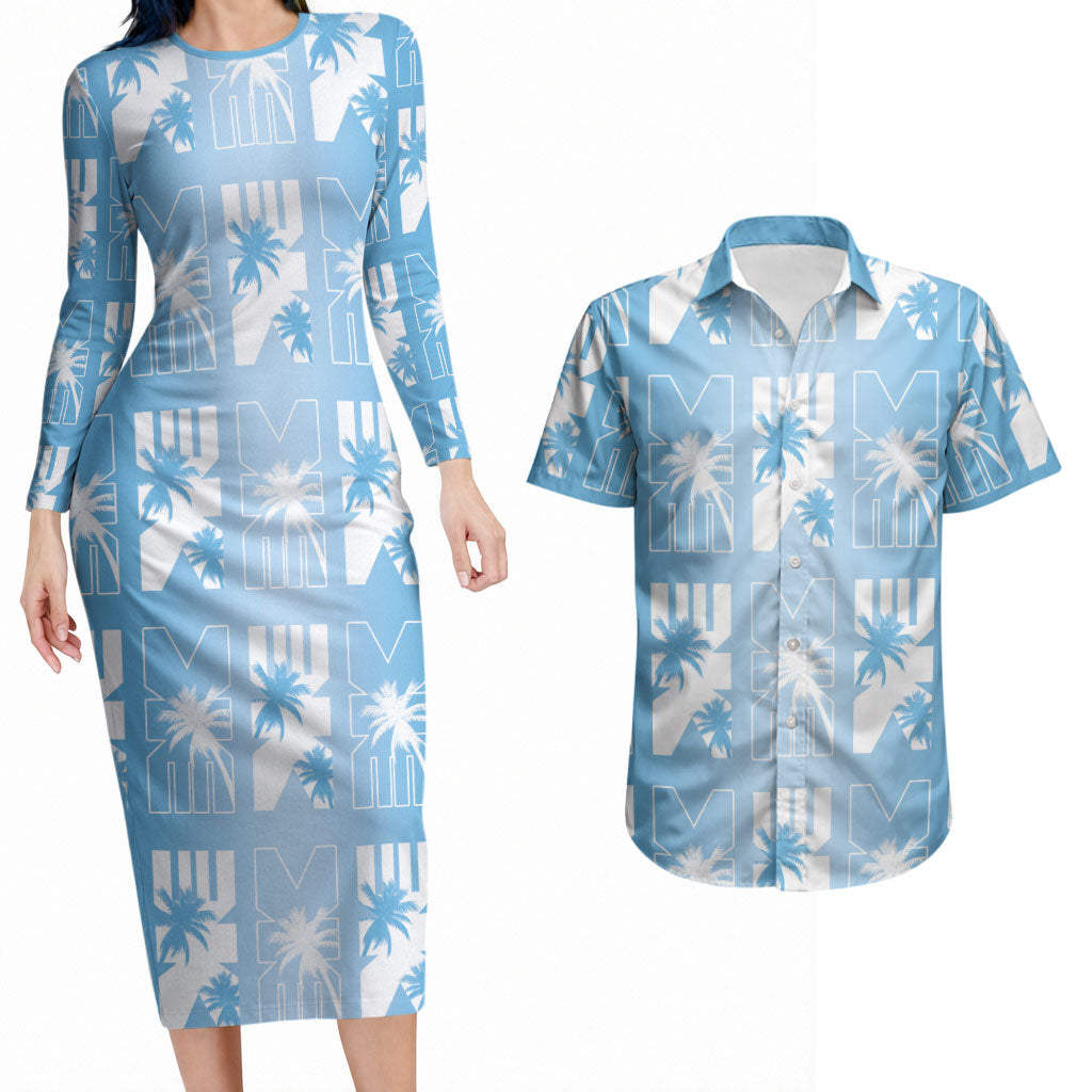Bula Fiji Couples Matching Long Sleeve Bodycon Dress and Hawaiian Shirt Blue Makare Masi Tapa Pattern