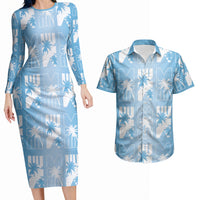 Bula Fiji Couples Matching Long Sleeve Bodycon Dress and Hawaiian Shirt Blue Makare Masi Tapa Pattern