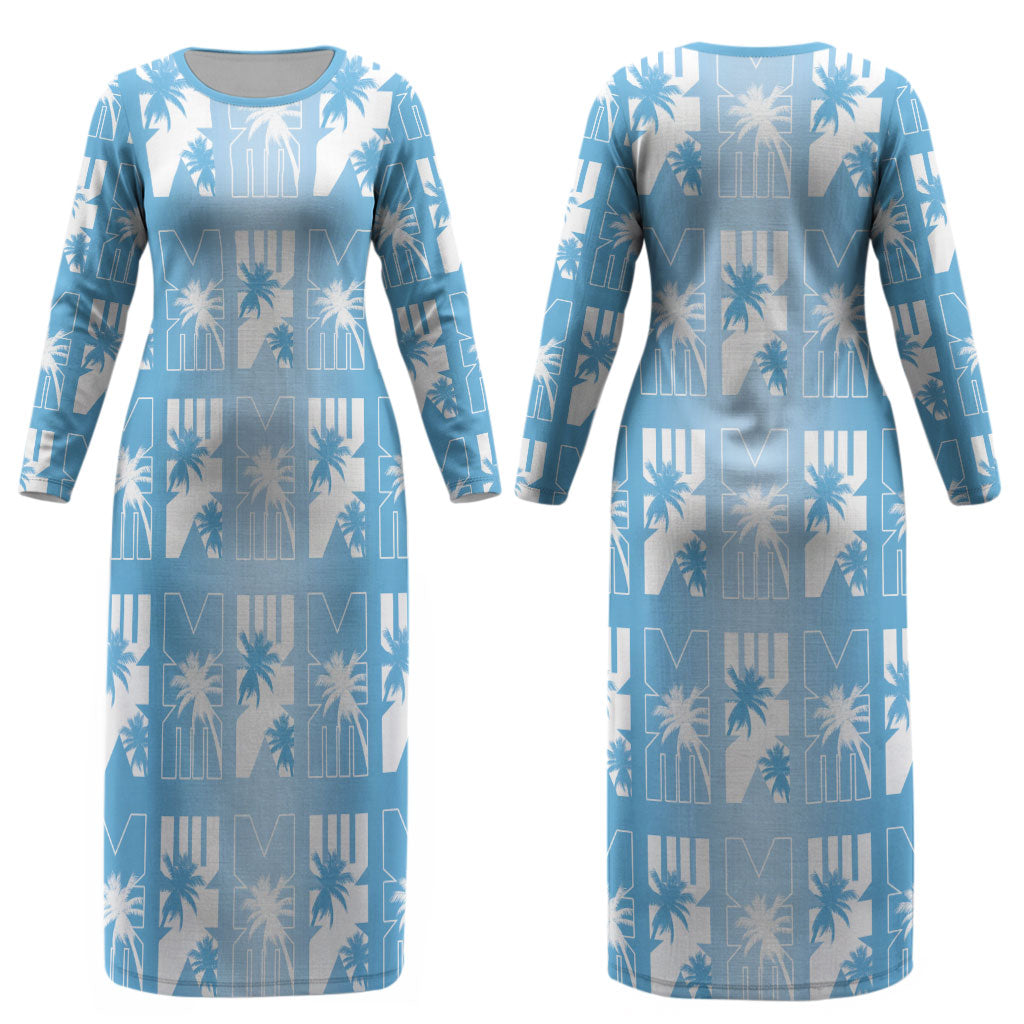 Bula Fiji Couples Matching Long Sleeve Bodycon Dress and Hawaiian Shirt Blue Makare Masi Tapa Pattern