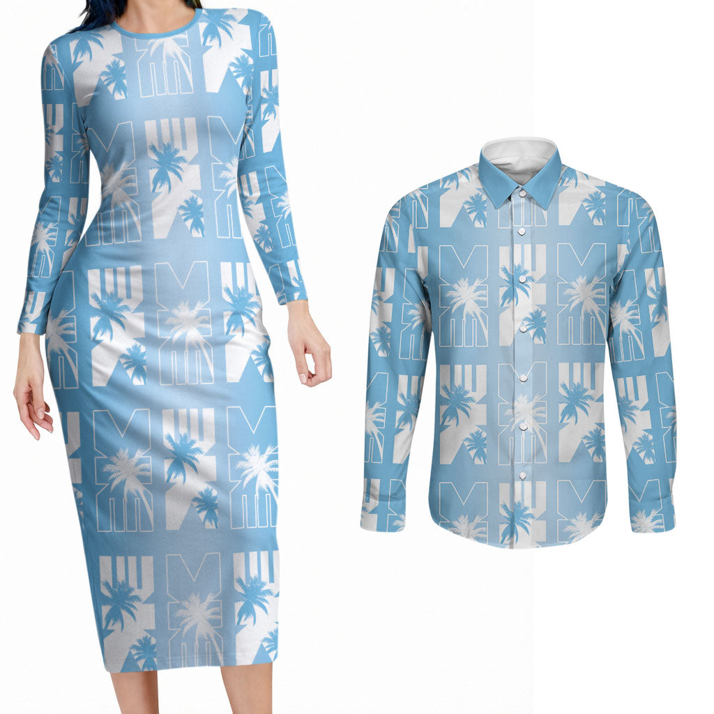 Bula Fiji Couples Matching Long Sleeve Bodycon Dress and Long Sleeve Button Shirt Blue Makare Masi Tapa Pattern