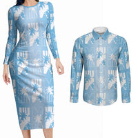 Bula Fiji Couples Matching Long Sleeve Bodycon Dress and Long Sleeve Button Shirt Blue Makare Masi Tapa Pattern