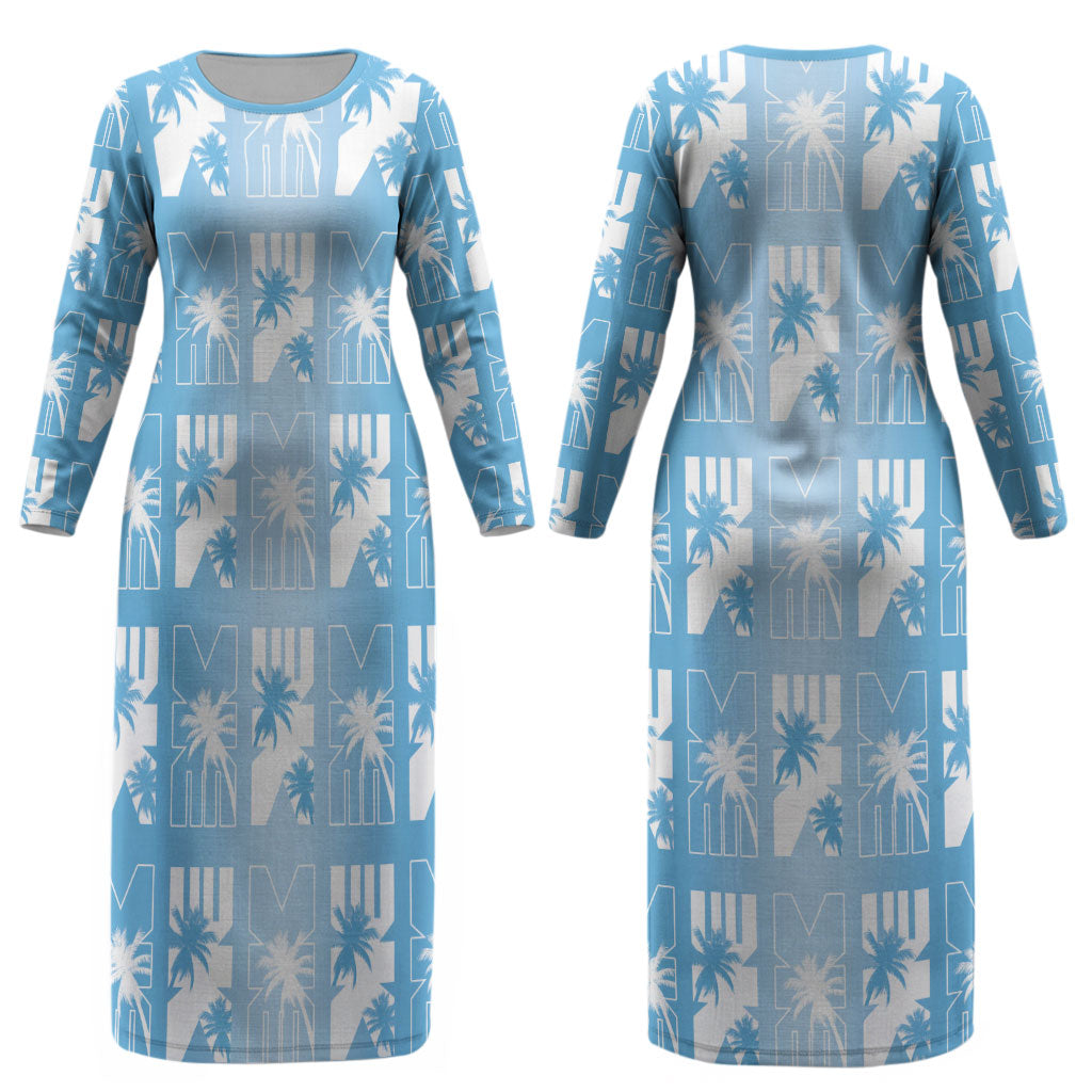 Bula Fiji Couples Matching Long Sleeve Bodycon Dress and Long Sleeve Button Shirt Blue Makare Masi Tapa Pattern