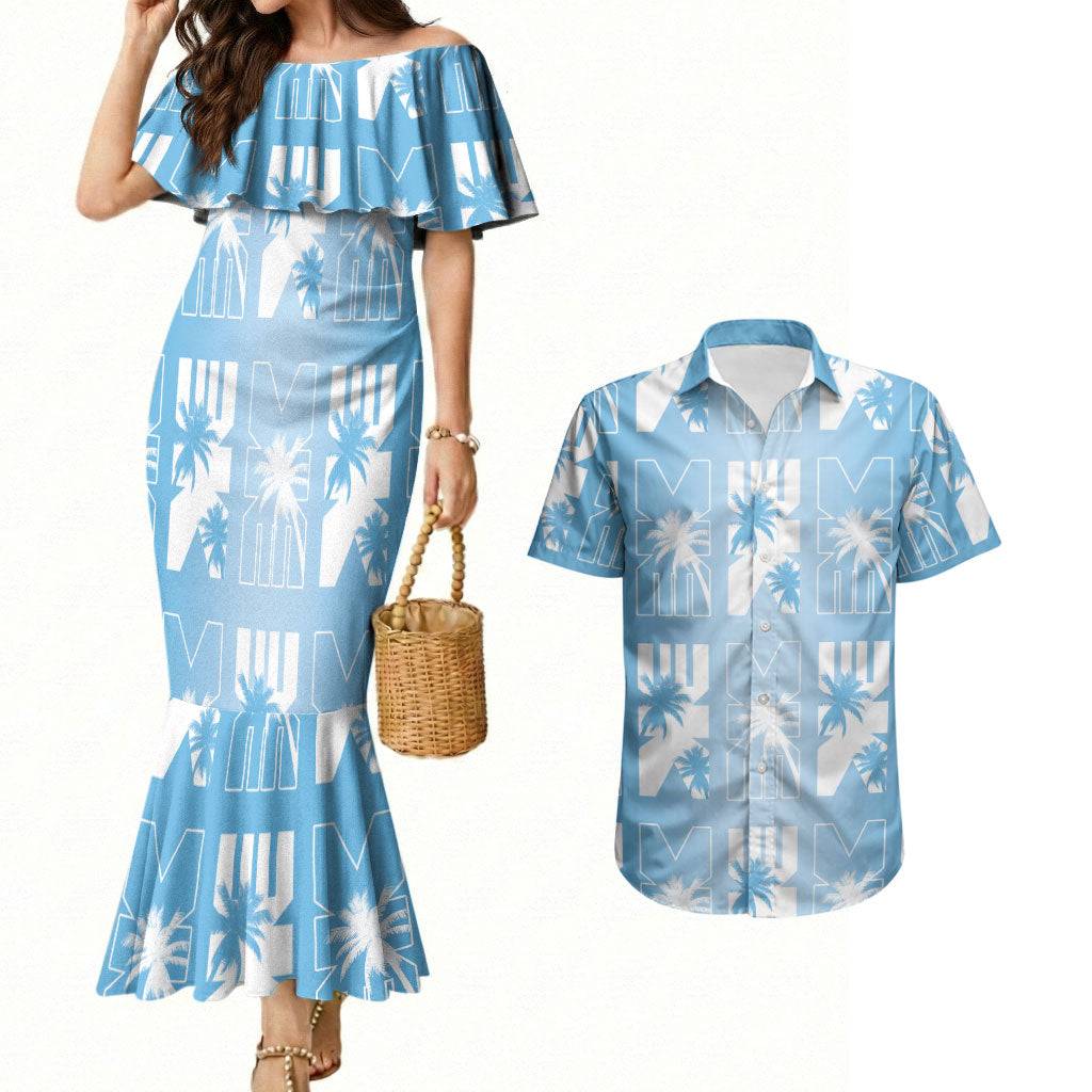 Bula Fiji Couples Matching Mermaid Dress and Hawaiian Shirt Blue Makare Masi Tapa Pattern