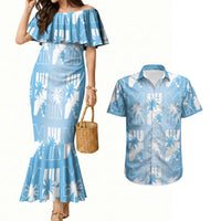 Bula Fiji Couples Matching Mermaid Dress and Hawaiian Shirt Blue Makare Masi Tapa Pattern