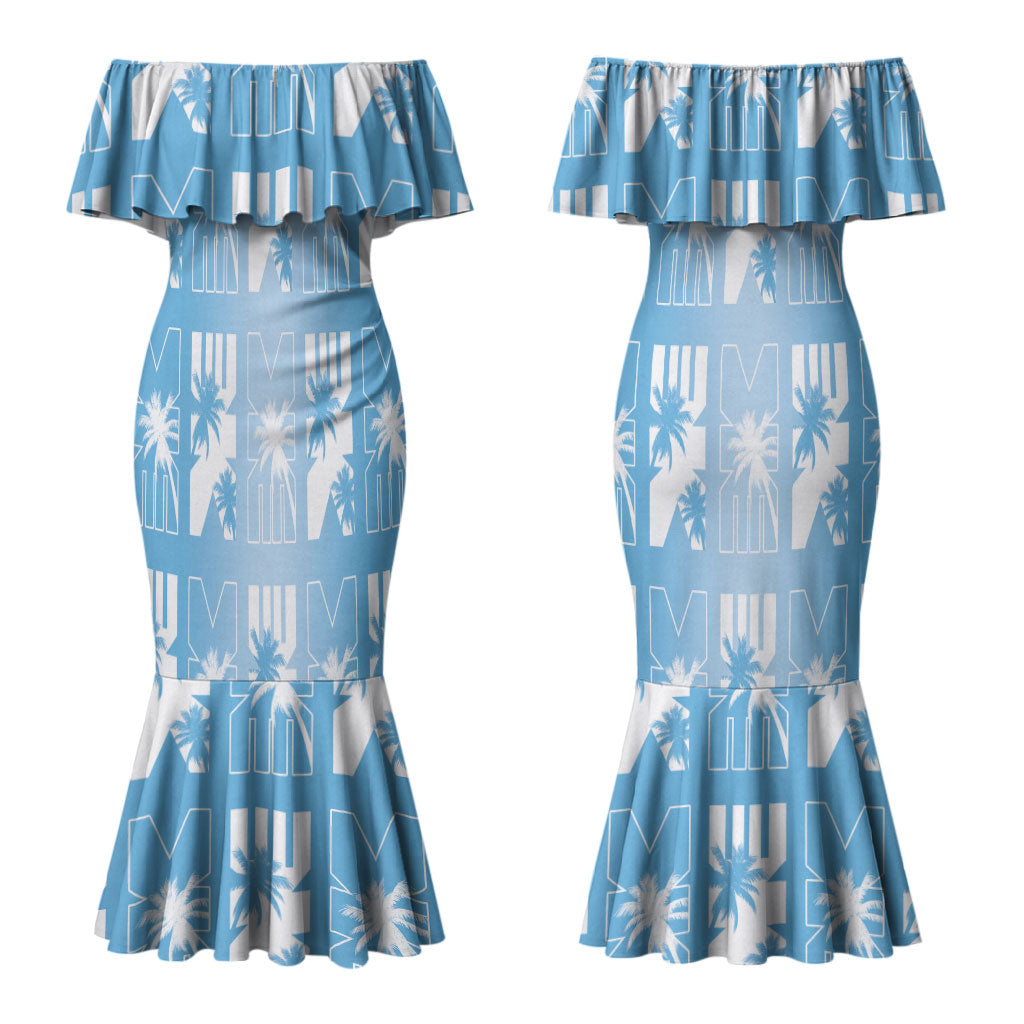 Bula Fiji Couples Matching Mermaid Dress and Hawaiian Shirt Blue Makare Masi Tapa Pattern