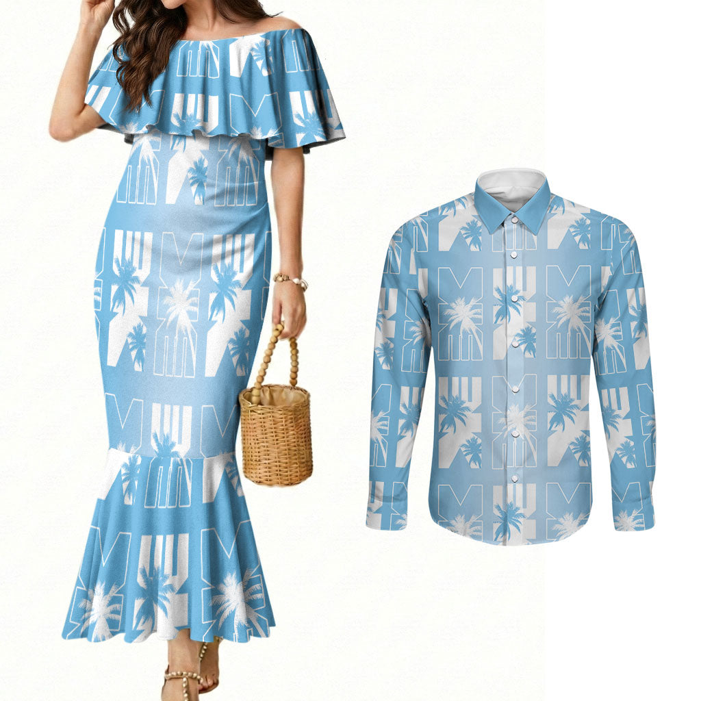 Bula Fiji Couples Matching Mermaid Dress and Long Sleeve Button Shirt Blue Makare Masi Tapa Pattern