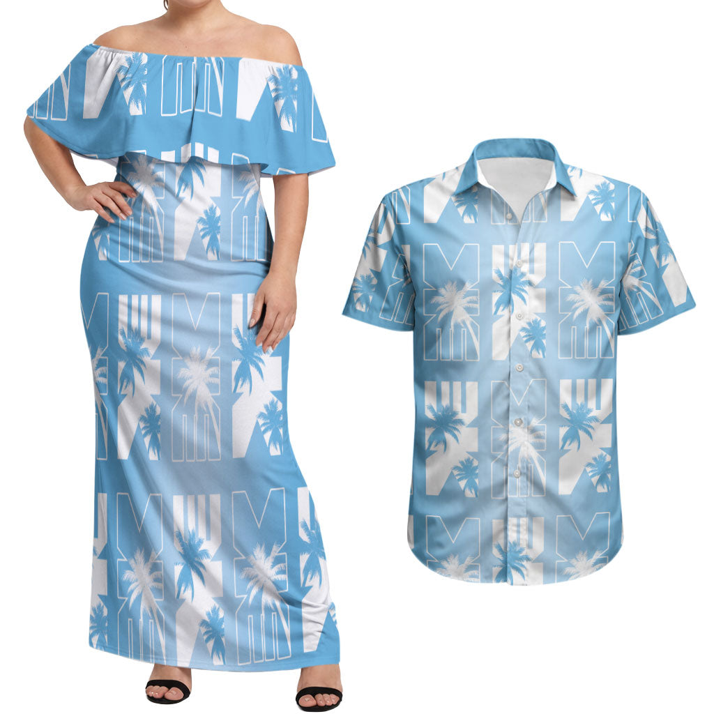 Bula Fiji Couples Matching Off Shoulder Maxi Dress and Hawaiian Shirt Blue Makare Masi Tapa Pattern