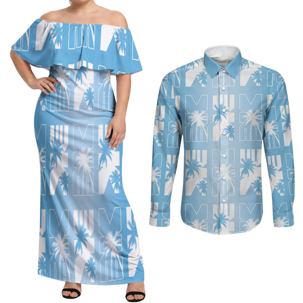 Bula Fiji Couples Matching Off Shoulder Maxi Dress and Long Sleeve Button Shirt Blue Makare Masi Tapa Pattern