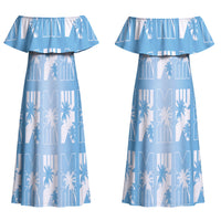 Bula Fiji Couples Matching Off Shoulder Maxi Dress and Long Sleeve Button Shirt Blue Makare Masi Tapa Pattern
