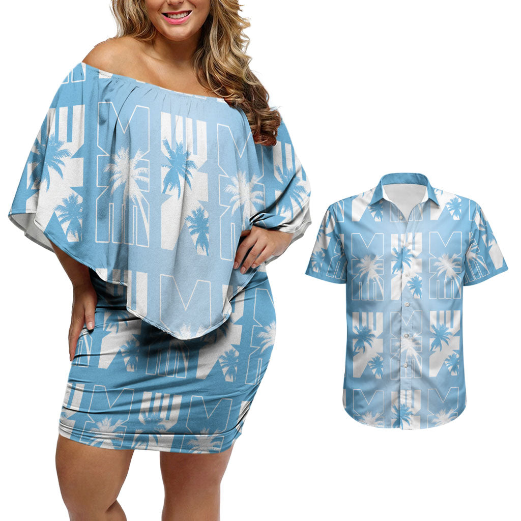 Bula Fiji Couples Matching Off Shoulder Short Dress and Hawaiian Shirt Blue Makare Masi Tapa Pattern