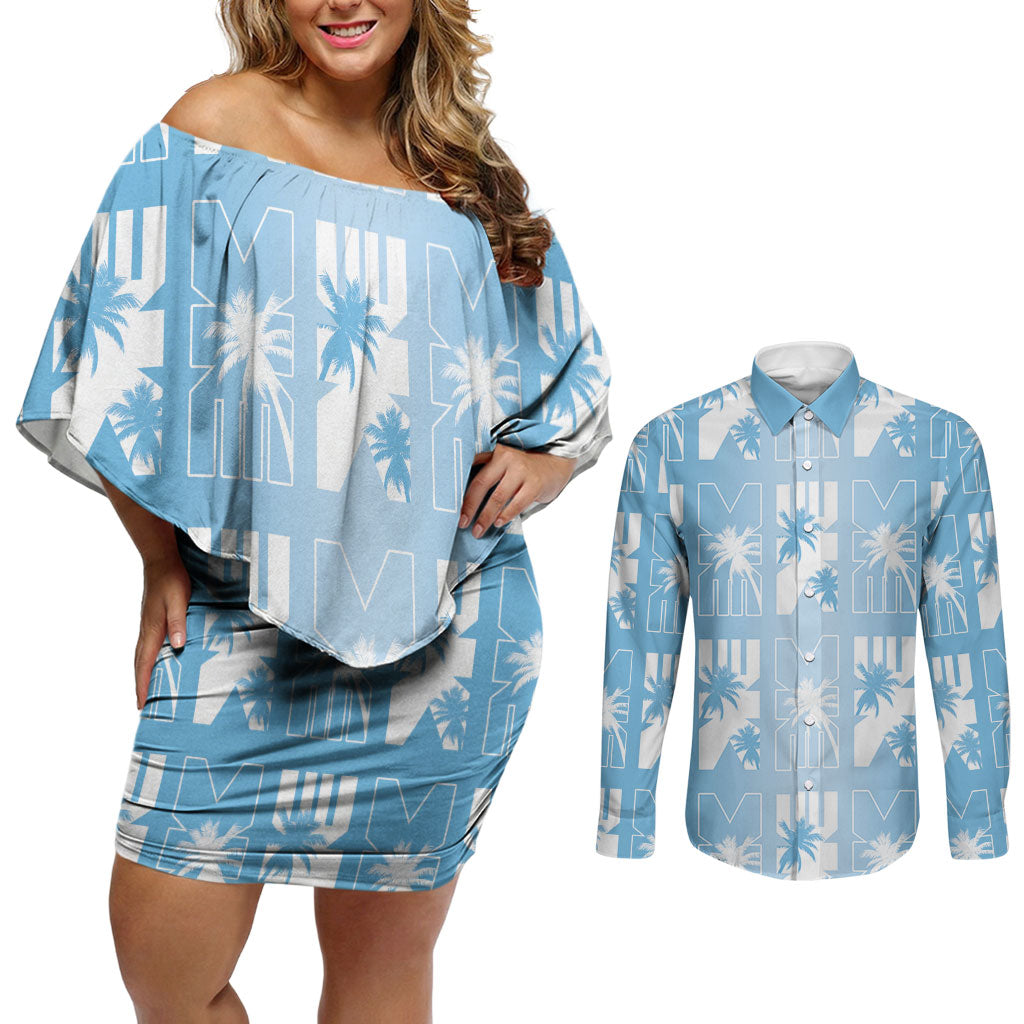 Bula Fiji Couples Matching Off Shoulder Short Dress and Long Sleeve Button Shirt Blue Makare Masi Tapa Pattern