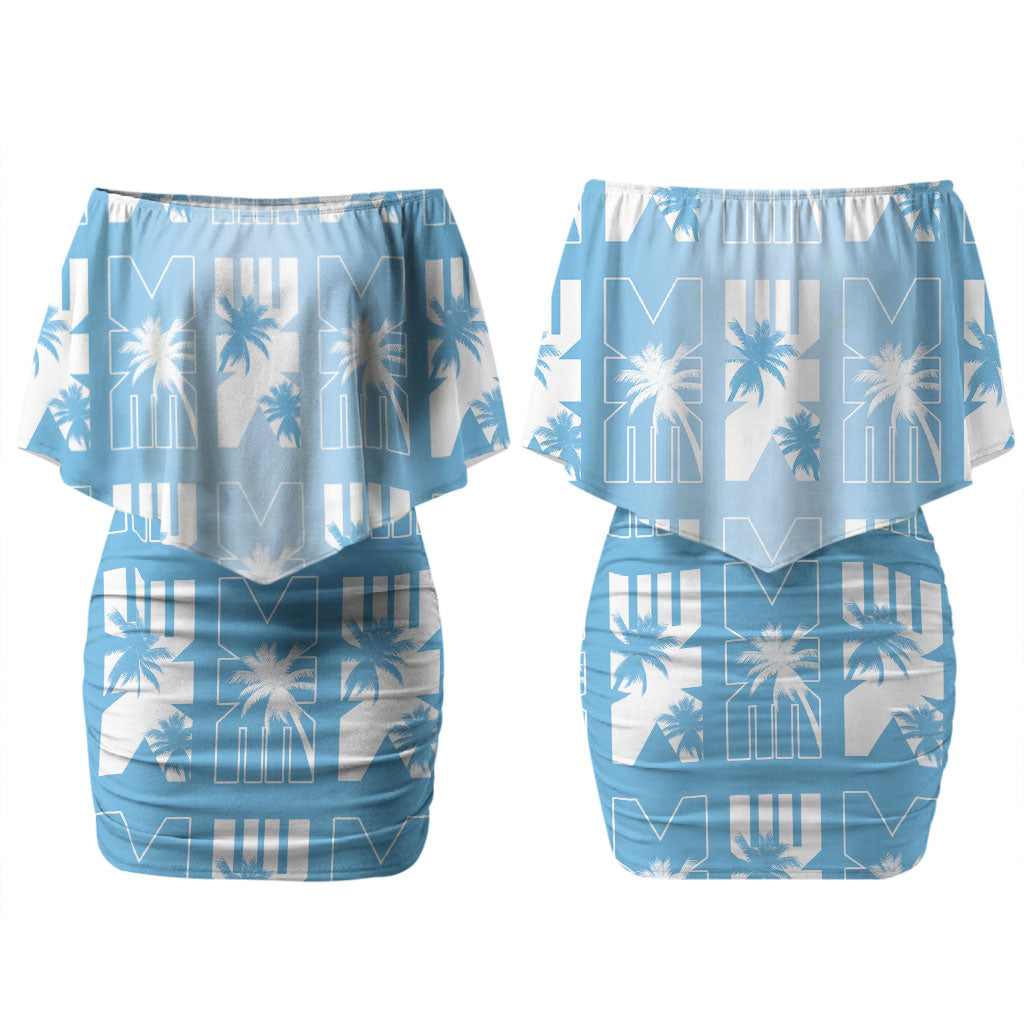 Bula Fiji Couples Matching Off Shoulder Short Dress and Long Sleeve Button Shirt Blue Makare Masi Tapa Pattern