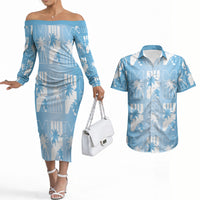 Bula Fiji Couples Matching Off The Shoulder Long Sleeve Dress and Hawaiian Shirt Blue Makare Masi Tapa Pattern
