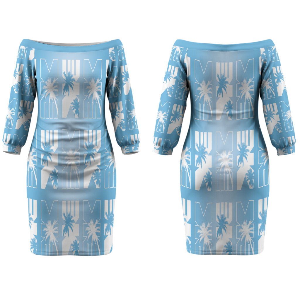 Bula Fiji Couples Matching Off The Shoulder Long Sleeve Dress and Hawaiian Shirt Blue Makare Masi Tapa Pattern