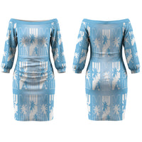 Bula Fiji Couples Matching Off The Shoulder Long Sleeve Dress and Hawaiian Shirt Blue Makare Masi Tapa Pattern