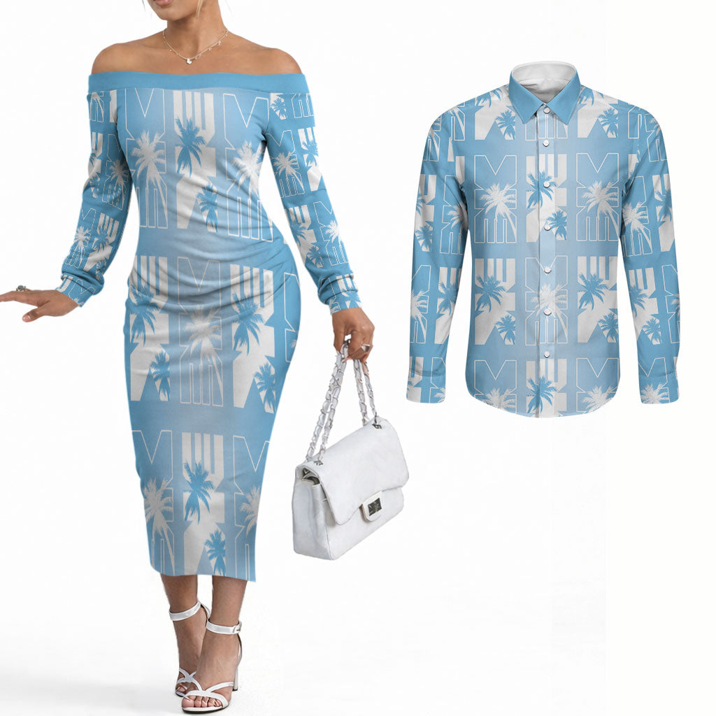 Bula Fiji Couples Matching Off The Shoulder Long Sleeve Dress and Long Sleeve Button Shirt Blue Makare Masi Tapa Pattern