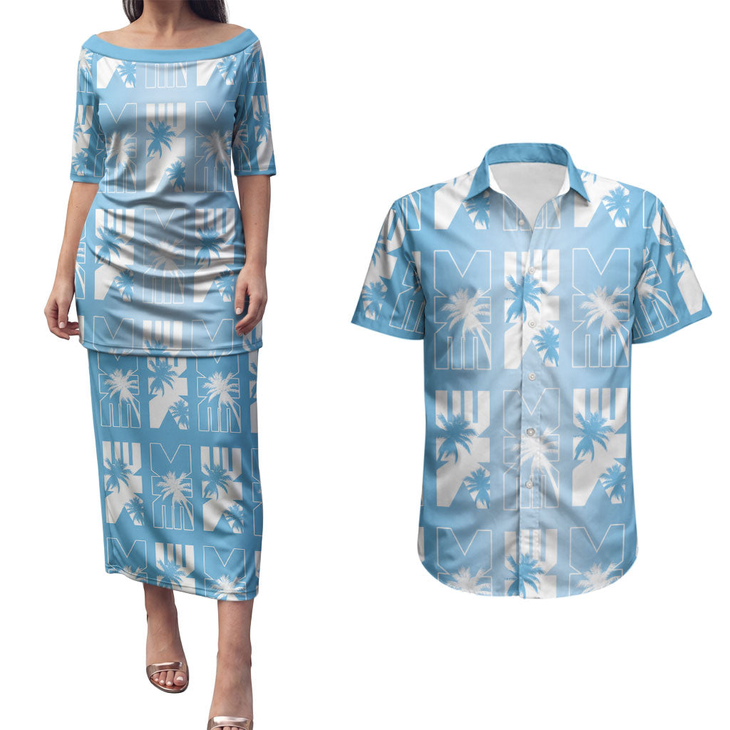 Bula Fiji Couples Matching Puletasi and Hawaiian Shirt Blue Makare Masi Tapa Pattern