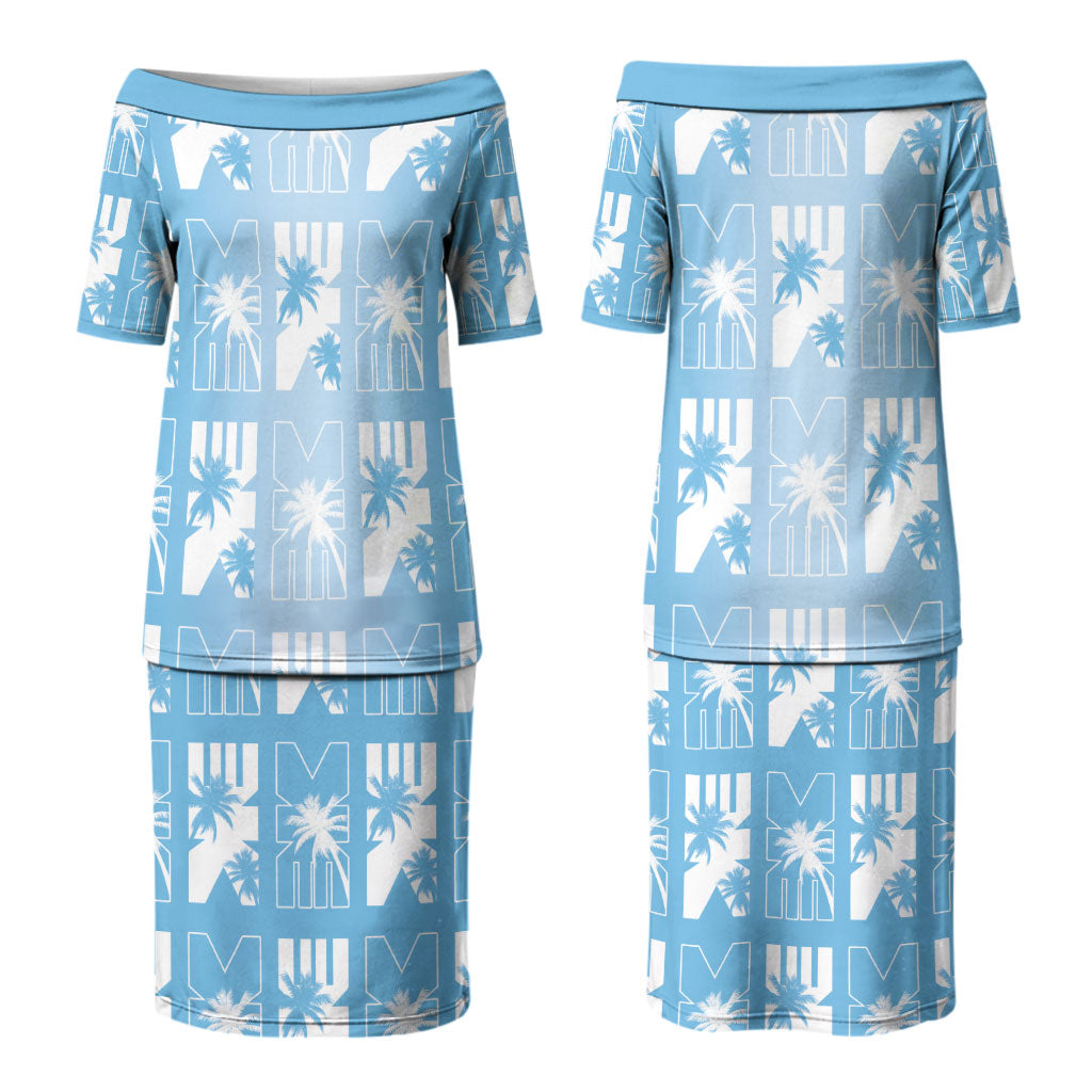 Bula Fiji Couples Matching Puletasi and Hawaiian Shirt Blue Makare Masi Tapa Pattern