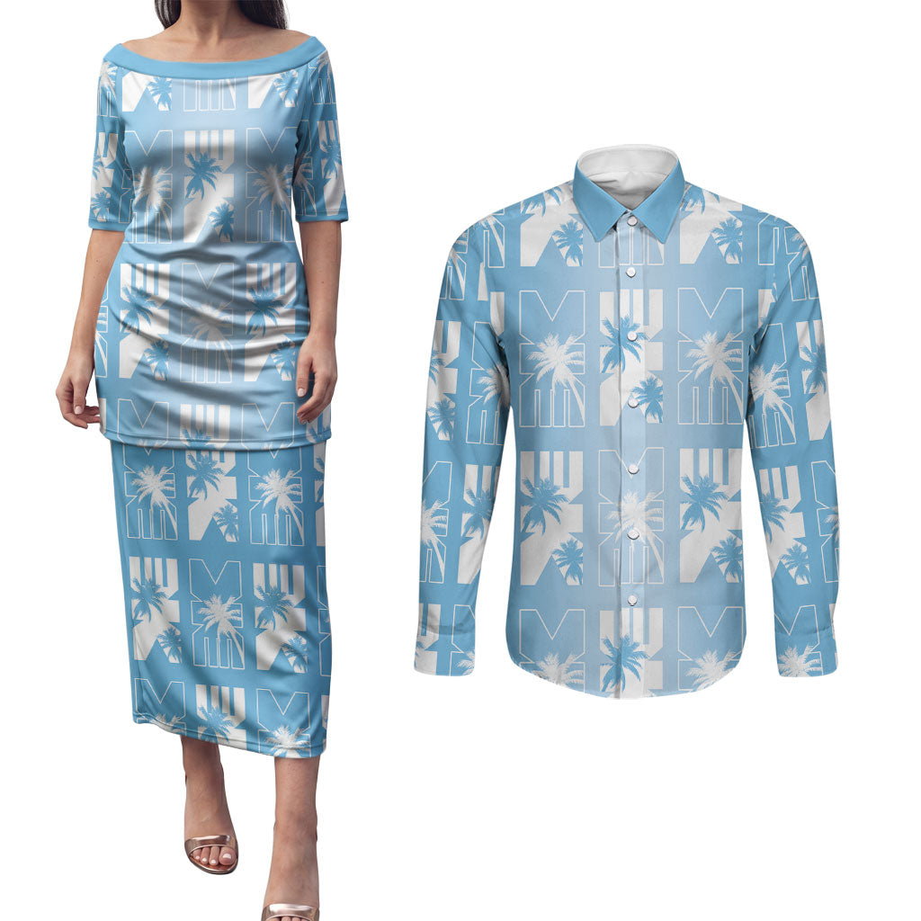 Bula Fiji Couples Matching Puletasi and Long Sleeve Button Shirt Blue Makare Masi Tapa Pattern