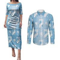 Bula Fiji Couples Matching Puletasi and Long Sleeve Button Shirt Blue Makare Masi Tapa Pattern