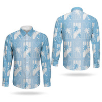 Bula Fiji Couples Matching Puletasi and Long Sleeve Button Shirt Blue Makare Masi Tapa Pattern
