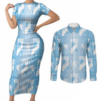 Bula Fiji Couples Matching Short Sleeve Bodycon Dress and Long Sleeve Button Shirt Blue Makare Masi Tapa Pattern