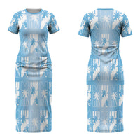 Bula Fiji Couples Matching Short Sleeve Bodycon Dress and Long Sleeve Button Shirt Blue Makare Masi Tapa Pattern