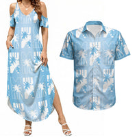 Bula Fiji Couples Matching Summer Maxi Dress and Hawaiian Shirt Blue Makare Masi Tapa Pattern